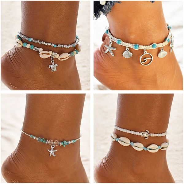 

turtle shell starfish pendant anklets women stone beads shell anklet bohemian bracelets on leg beach ocean jewelry drop shipping, Red;blue
