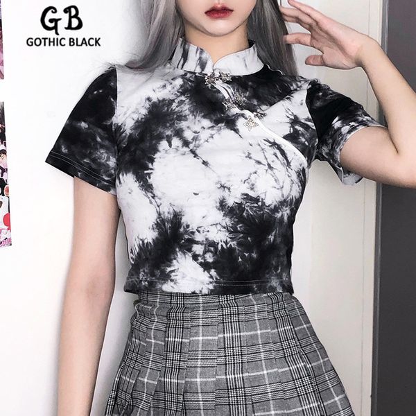 

gothblack streetwear vintage slim splice crop gothic women short sleeve tie-dye bodycon t-shirt 2020 female summer new, White