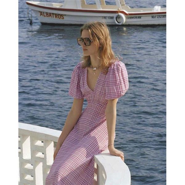 

have lable fa french retro v-neck check puff sleeve high waist slimming temperament dress, Black;gray