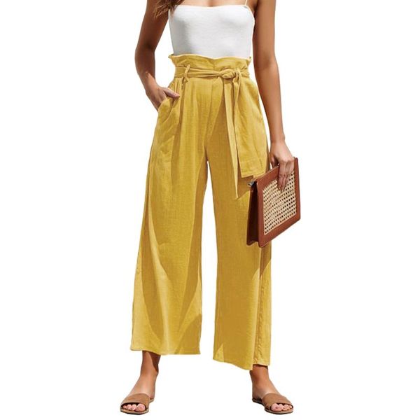 

2020 summer solid wide leg pants women loose trousers ladies high waist ankle length with sashes pockets casual pantalon femme, Black;white