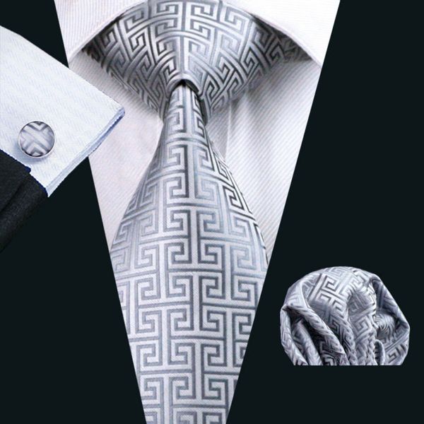 

ls-484 men`s tie 100% silk gray jacquard woven novelty classic tie+hanky+cufflinks set for formal wedding business party, Blue;white