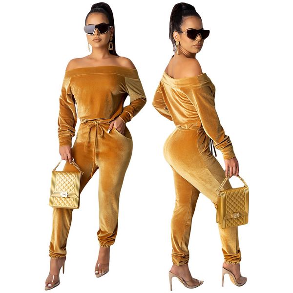 

women two piece pants solid slash neck long sleeve 2 piece set drawstring off shoulder tracksuit bodycon long pants women suits, White