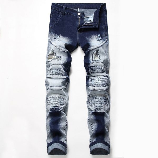

men's new european and american jeans men's patch hole patch stretch jeans pants robin stretch ripped for men, Blue