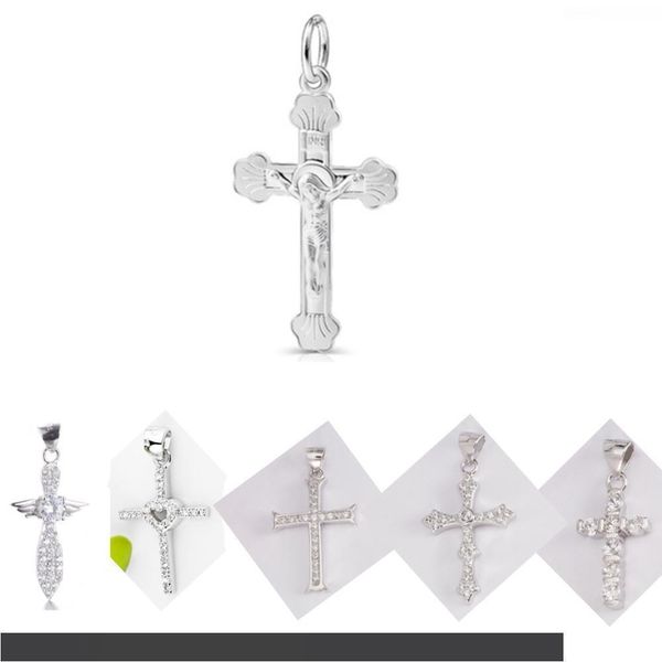 

jesus cross heart necklace pendant solid real 925 silver pendants pave cz crystal men women for necklace diy jewelry making