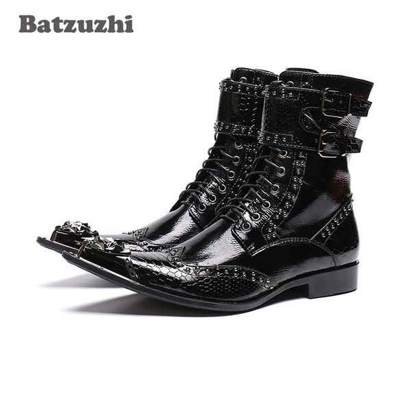 NOVA 2019 Western Botas Homens Apontou Ponta De Metal Rock Preto Militar Da Motocicleta Botas Homens Botas Hombre Fivelas zapatos de hombre, 46