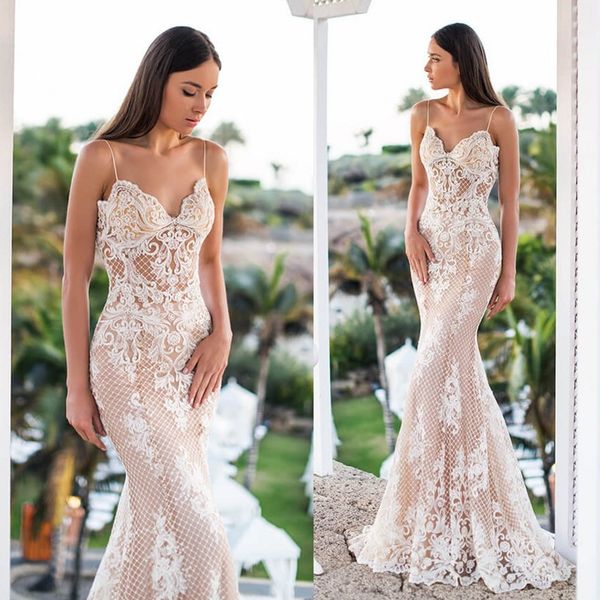 

2019 mermaid wedding dresses spaghetti sleeveless full lace bridal gowns floor length boho country beach wedding dress custom, White