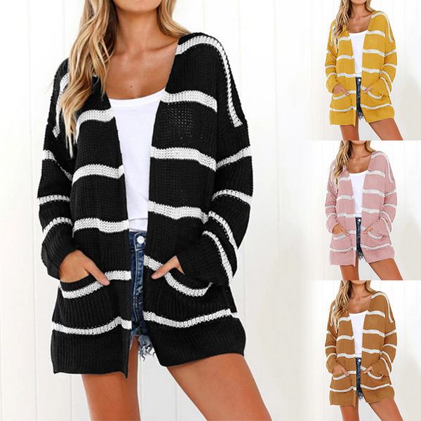

2020 women autumn striped printed cardigan sweater knitting loose sweaters female fashion casual pockets open front jacket coats, White