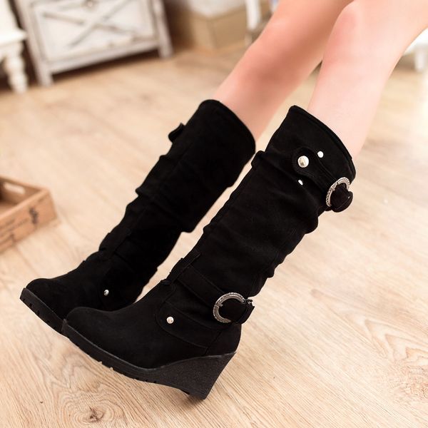 

женщины sexy boots осень зима обувь круглый toe сгущает пряжку клиньев длинных пробок boots дамы поддельная замша обувь плюшевой теплую обув, Black