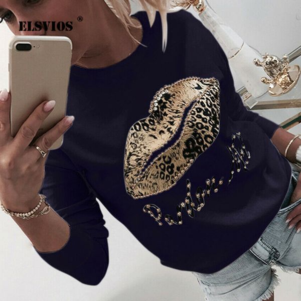 

fashionable beading lips print sweatshirt women o-neck kawaii sweatshirt hoodies autumn long sleeve ladies sequin sweatshirts, Black