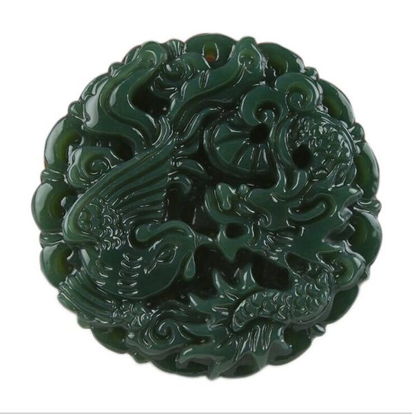 

natural carved round dragon and phoenix hetian jade pendant china qingyu green necklace pendants, Silver