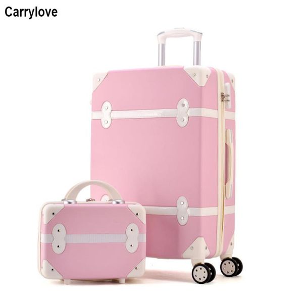 

carrylove 20"22"24"26" inch women retro luggage set cute spinner abs trolley suitcase with cosmetic bag