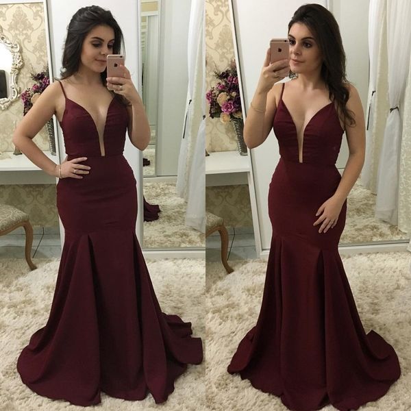 

2019 burgundy mermaid prom dresses spaghetti straps see through sheer tulle plus size maid of honor evening wear gowns