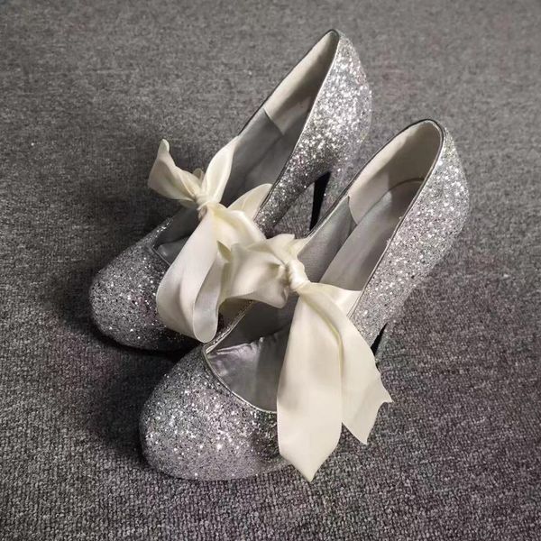 

rontic new women platform glitter pumps stiletto high heels pumps round toe charm silver party shoes women plus us size 5-15, Black