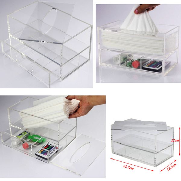 Transparente tecido multifuncional Box com gaveta acrílico Desk armazenamento caso Limpar guardanapo Organizador Início / Hotel tecido de armazenamento
