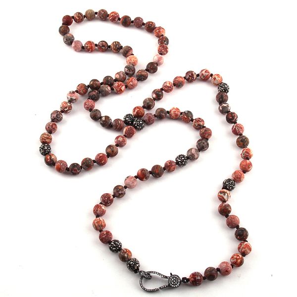 

fashion bohemian jewelry 8mm long knotted natural stone zircon pave lobster clasp necklace for women jewelry, Silver