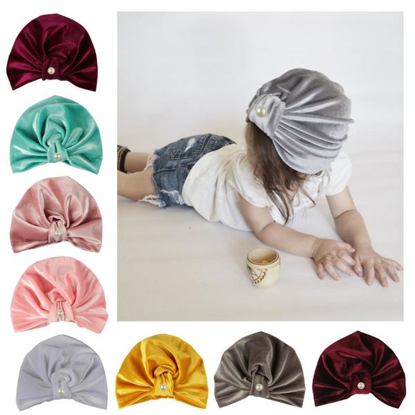 

11 colors solid cap for newborn 2019 baby boy girl winter pearls pleuche knotted hat warm beanie headwear cap cappello bambino, Yellow