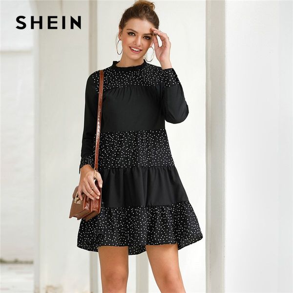 

шеин черный контраст горошек frill mock neck babydoll платье женщины весна длинным рукавом повседневная flared копченый короткие платья, Black;pink