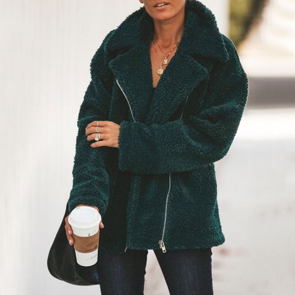 

plus size women autumn winter coat lapel pocket zipper long sleeves warm solid color woolen outwear jacket, Black
