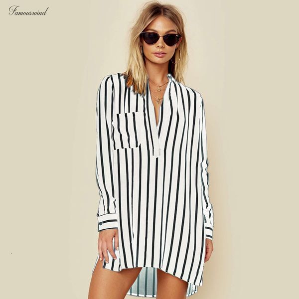 

2019 блузка с длинным рукавом весна сыпучие высокий платье длинные рубашки женщины глубокий v шеи работа ladies багги полосатый мини низкие, White