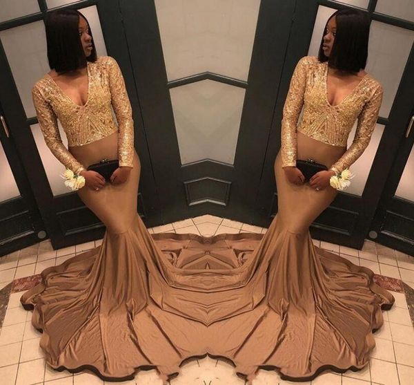 

vintage arabic gold sequins mermaid prom dresses 2019 black girls v neck long sleeves satin formal party evening gowns with long train