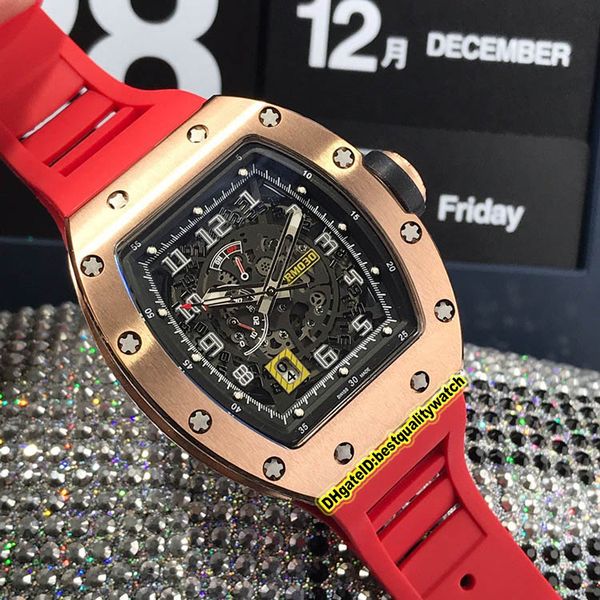 

high version rm 030 skeleton big date dial japan miyota automatic rm030 mens watch 904l rose gold steel case rubber strap sport watches, Slivery;brown