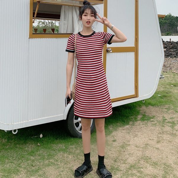 

2020 new stripes dress fashion high waist bodycon knitted dress casual o-neck short sleeve women straight mini, Black;gray