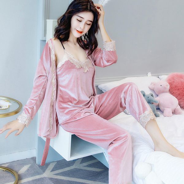 

winter warm pajamas set women sleepwear suit velvet pink homewear pijama woman pajamas long pant set robe three-piece suit, Blue;gray