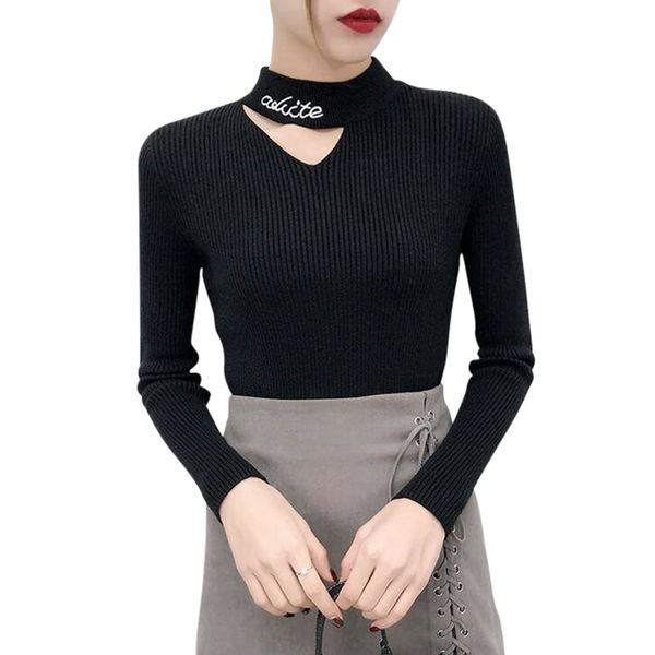 

basic v-neck solid autumn winter sweater half-high collar long-sleeved temperament slim letter hollow knit bottoming shirt, White;black
