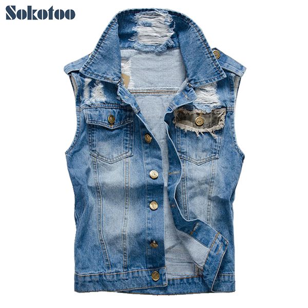 

sokotoo men's casual camouflage patch design denim vest male fashion slim holes ripped coat tank ing, Black;white