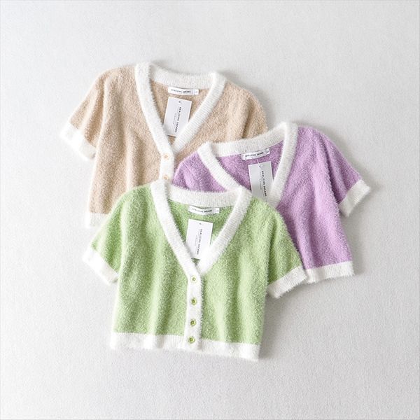 

2020 slim mohair navel base shir color matching soft short-sleeved single-breasted wool wool cardigan t, White