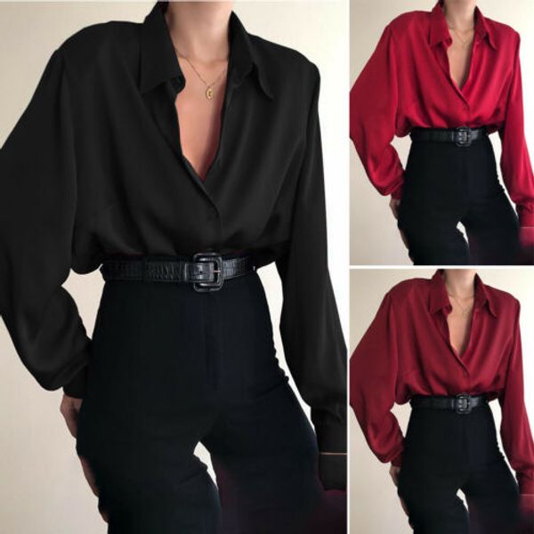 

2020 women button down shirts office ladies autumn long sleeve casual v-neck loose blouse solid formal party tunic soft, White
