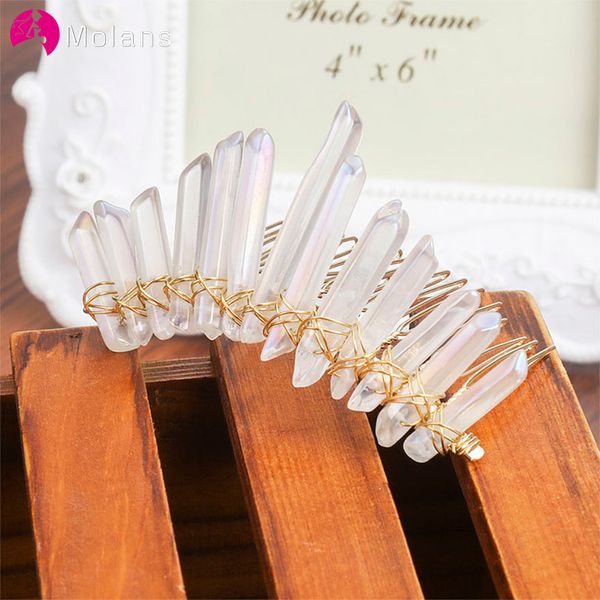 

molans handmade natural strange crystal hair combs for bridal wedding ornament muti-color twisted alloy irregular stone hairpins