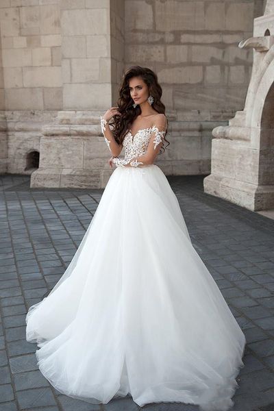

white tulle a line sheer long sleeves milla nova princess wedding dress bridal gowns nigeria backless lace applique 2019 h072