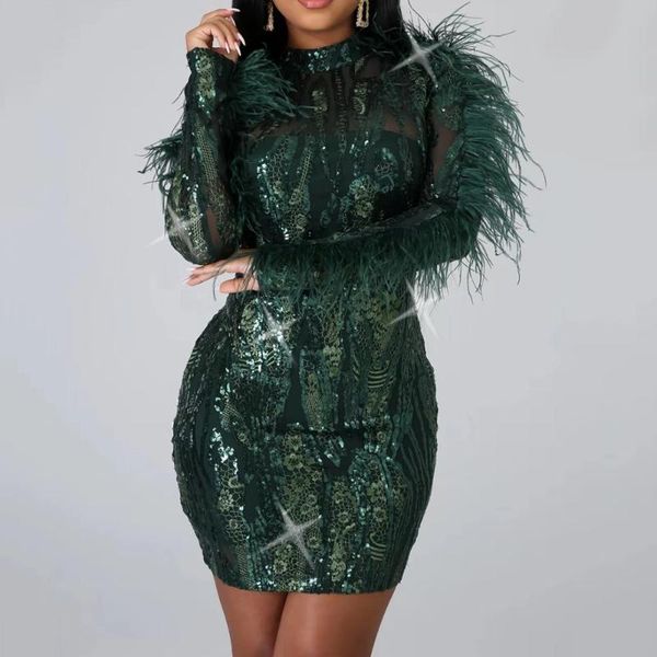 

green women sheath bodycon dress african 2020 spring summer female sequini feather mini dress robe party club vestiods, Black;gray