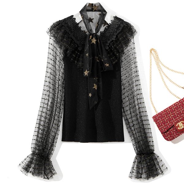 

2019 autumn and winter women's new stamping five-pointed star hanging neck mesh lace with lace side bright silk sweater z18, White;black