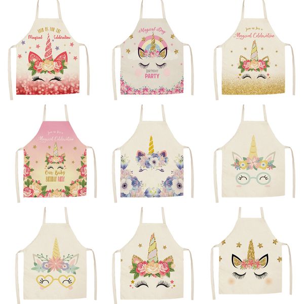 

parent-child kitchen apron cartoon unicorn eyelash printed sleeveless cotton linen aprons for men women home cleaning tools