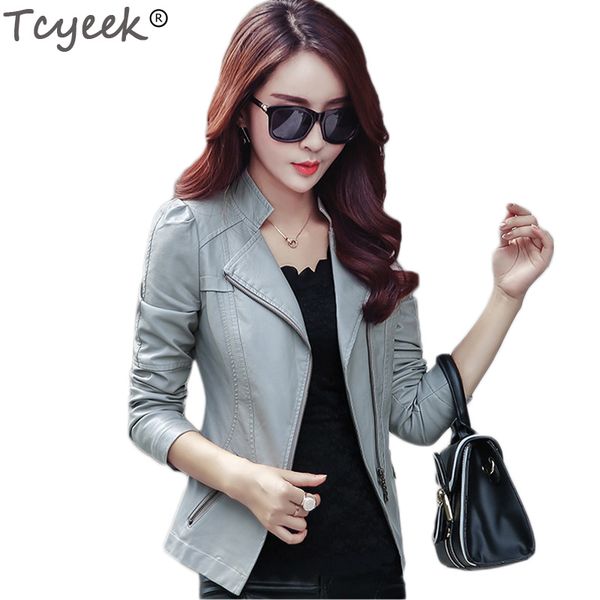 

tcyeek 2017 short section women pu leather jacket spring autumn korean women locomotive leather jacket pure color coat lj133, Black