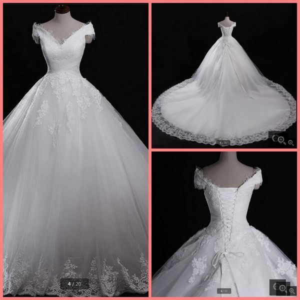 

robe de mariage real pictures 2016 ball gown v neck short sleeve appliques bridal dresses vestido de noiva lace wedding dress sale, White