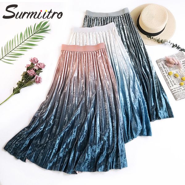 

surmiitro warm velvet midi skirt women autumn winter 2019 korean pink gradient ladies high waist pleated long skirt female, Black