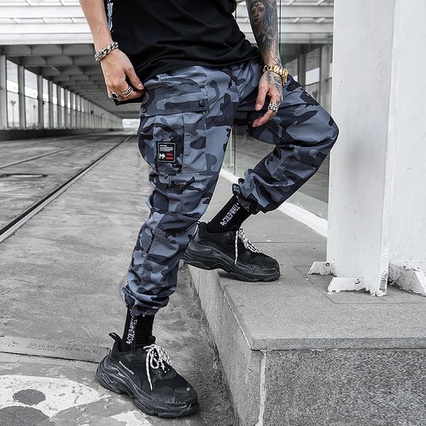 

new blue camo cargo pants men tactical pocket trousers hip hop casual streetwear camouflage pants loose running men jogger, Black
