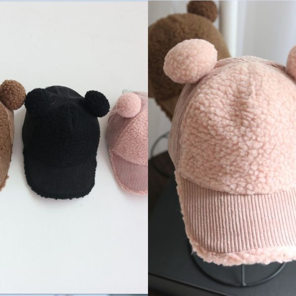 

girl's cute hat corduroy wick base lamb wool stitching bear ball boy's baseball cap cap cap, Yellow