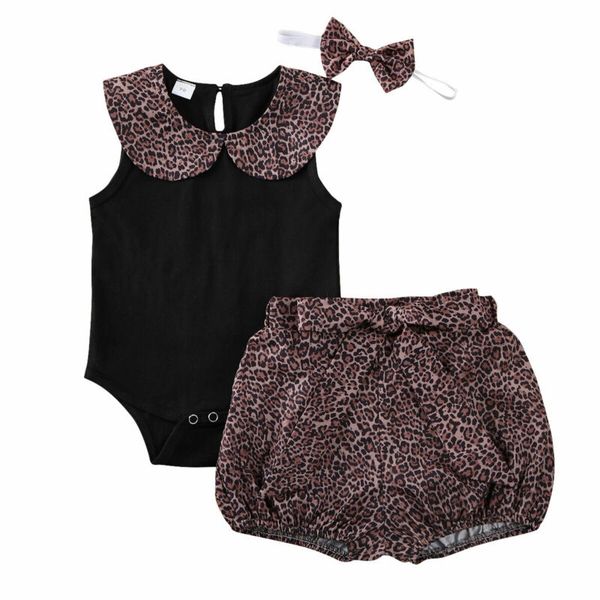 

toddler kid baby girl cotton clothes sleeveless bodysuit +leopard shorts pants+headband 3pcs outfit set, White