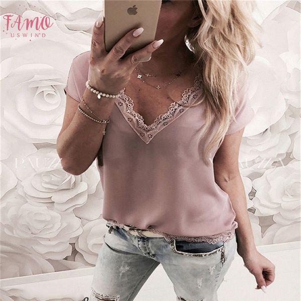 

2020 women blouse summer casual loose short sleeve solid lace v neck chiffon female shirts vest blusa plus size, White