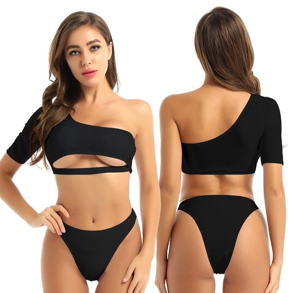 

womens nightwear solid color bikini swimwear bathing suits one shoulder cut out padded crop with high waist briefs bottom, Red;black