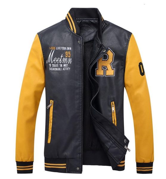 

designer pu mens jacket fashion embroidery plus szie coat casual mens patchwork outerwear, Black