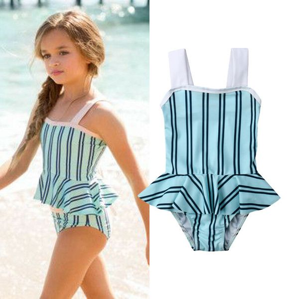 

2019 new summer cute toddler baby girls swimwear 2pcs sets ruffles striped blue +shorts beachwear 6m-5y