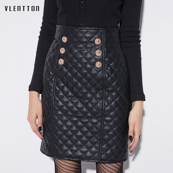 

skirts autumn winter pu faux leather mini skirt women's metal button waist plaid female saia jupe femme, Black