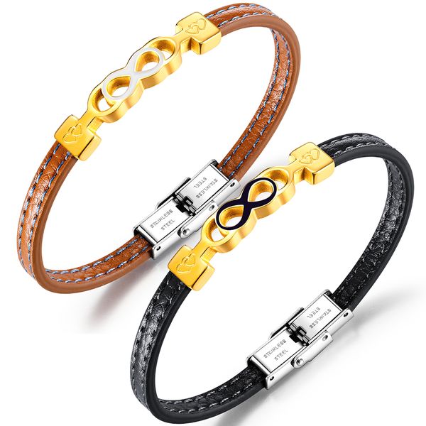 

stainless steel infinity 8 shape charm bracelets women men fashion pu leather cuff bangle bracelet romantic gift for couples sweetheart new, Golden;silver