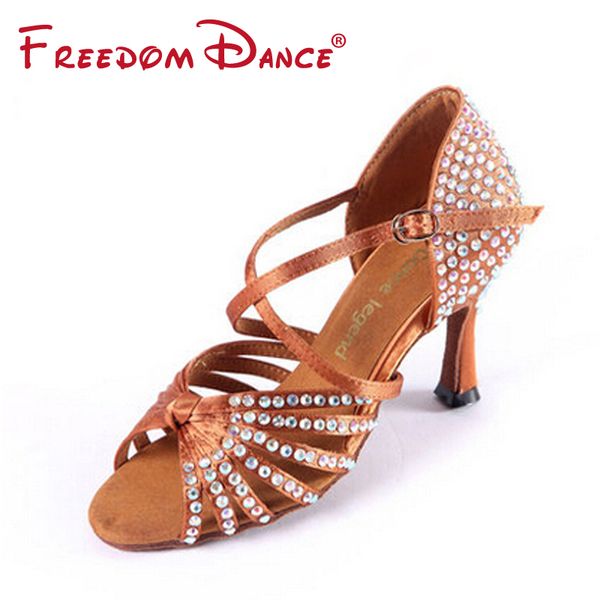 

satin upper rhinestones coverd high heeled women's latin dance shoes ballroom tango dancing shoe dark tan black