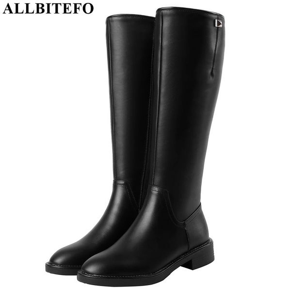 

allbitefo genuine leather+pu low-heeled women knee high boots winter snow long girls boots ankle for women, Black